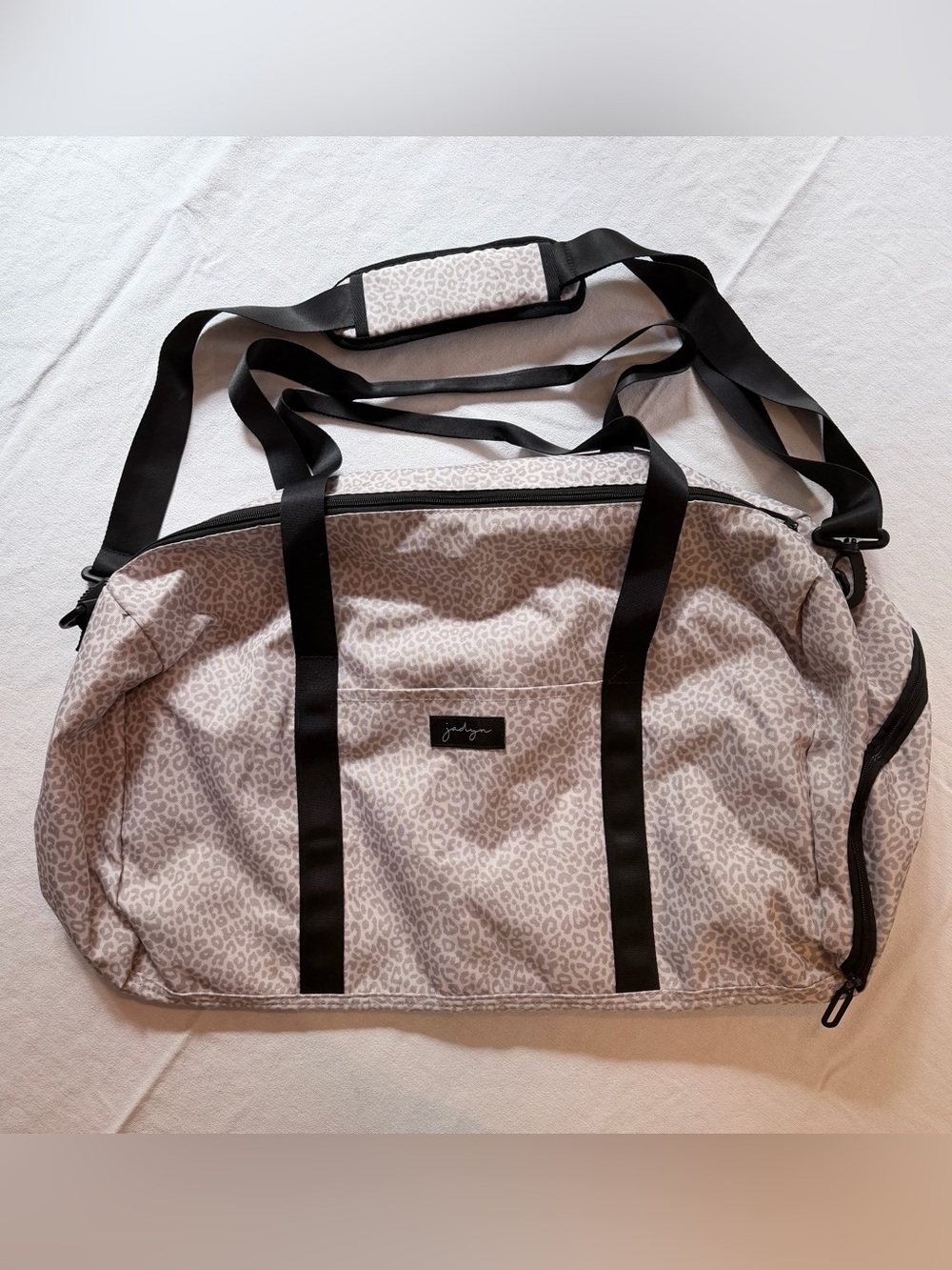Jadyn Leopard Print Canvas Duffle Gym Bag Zip Adjustable Strap Large Beige/Black